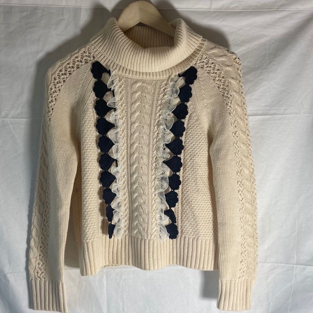 J. Crew Wool Blend Cable Knit Turtleneck Ruffle Trim Sweater Sz Xxs